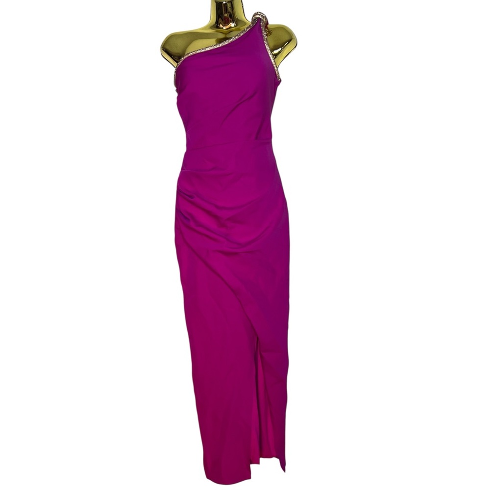 Rengin Chic One-Shoulder Magenta rhinestone front slit Dress size 38
